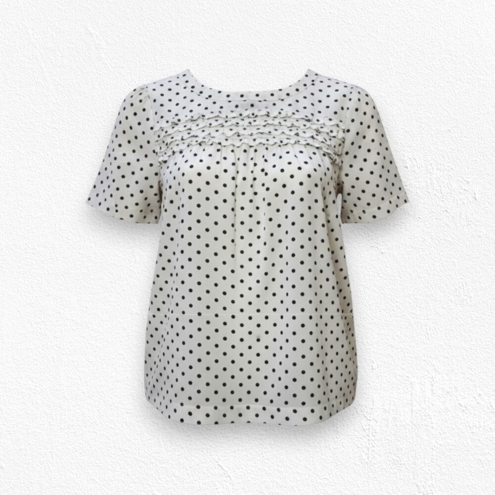 Madewell Nude Beige Black Silk Polka Dot Ruffle Keyhole Back Blouse Size XS